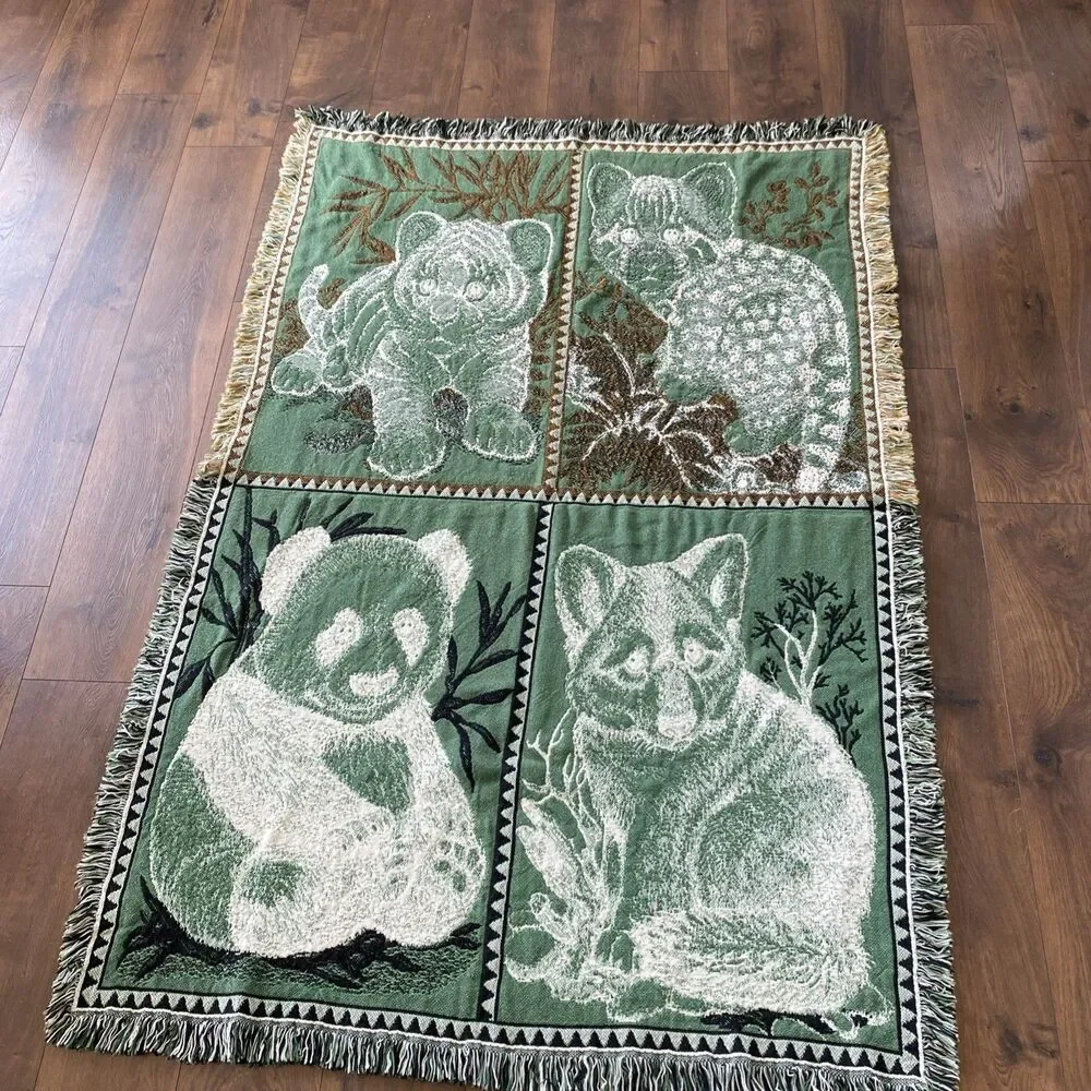 Vintage Rug Barn Natures Endangered Cotton Blanket Baby Panda Fox Lion